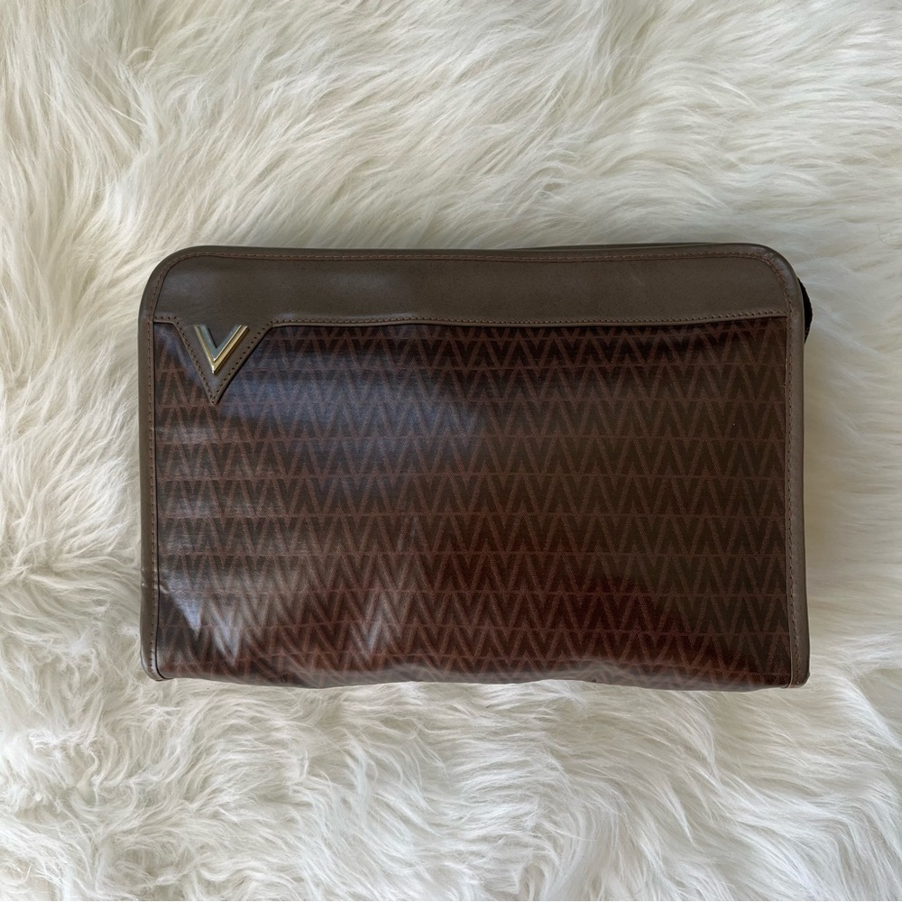 Mario Valentino Vintage Brown Coated Canvas V Monogram Pattern Travel Pouch